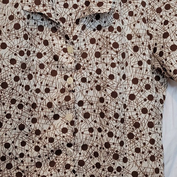 MCM Button Up Blouse Top Cream Brown Geometric Atomic Pattern Size 36 Small - Picture 2 of 11
